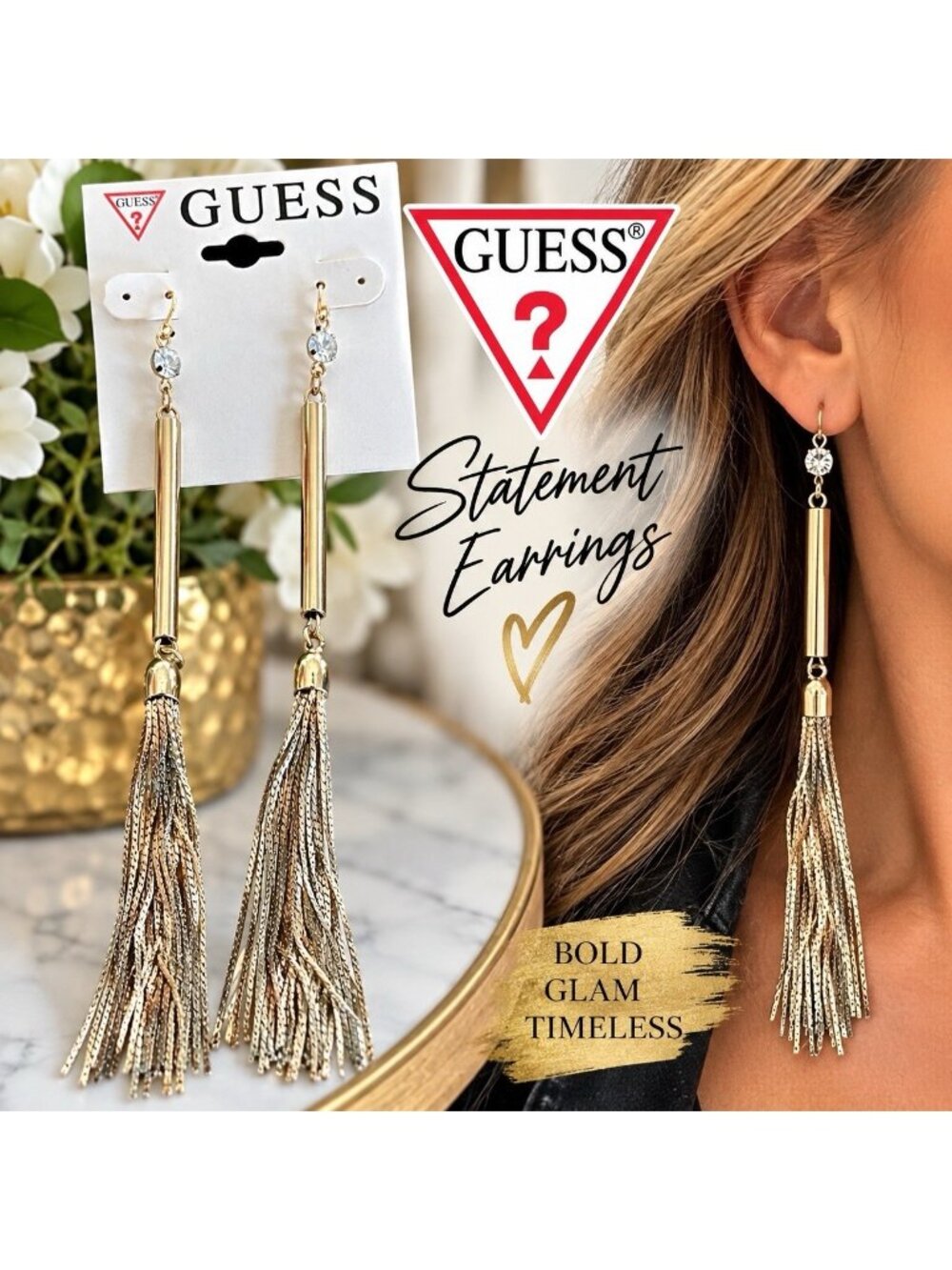 GUESS Gold Tone 6” Long Tassel Earrings Rhinestone Chain Fringe Statement Dangle